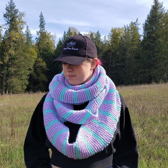 Handmade Knit Infinity Scarf, Striped Pastel Teal & Lilac - Picture 2 of 2